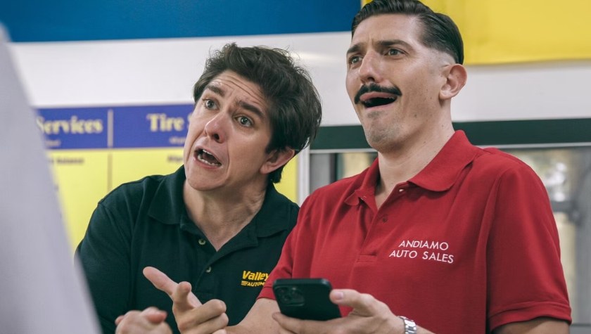 Steve Gerben and Andrew Schulz in a scene from 'Tires'
