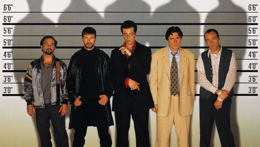 Kevin Pollak, Stephen Baldwin, Benicio Del Toro, Gabriel Byrne, and Kevin Spacey in 'The Usual Suspects'