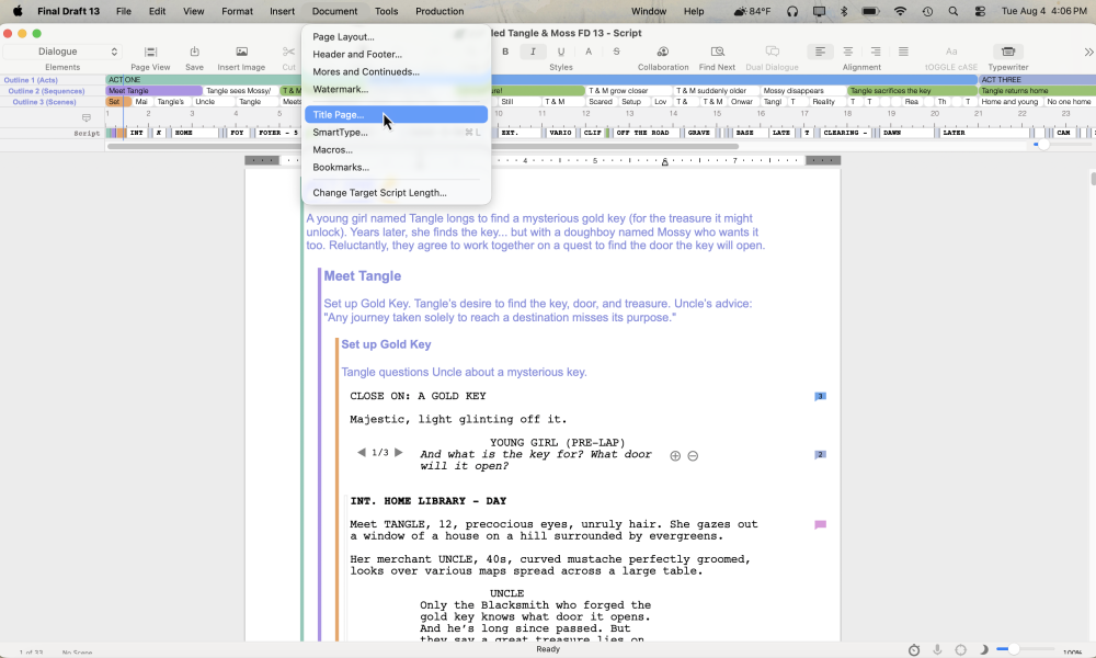 Screenshot showing the Document menu in Final Draft with the Title Page option highlighted