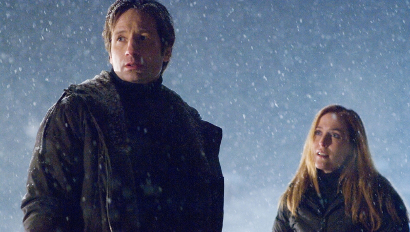 Fox Mulder (David Duchovny) and Dana Scully (Gillian Anderson) stand together in a snowy, nighttime scene from The X-Files: I Want to Believ