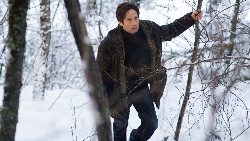 Fox Mulder (David Duchovny), bundled in a dark coat, searches a snow-covered forest in a tense scene from The X-Files: I Want to Believe