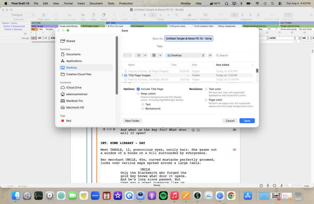Screenshot of Final Draft's Save to PDF dialog with the Include Title Page checkbox selected