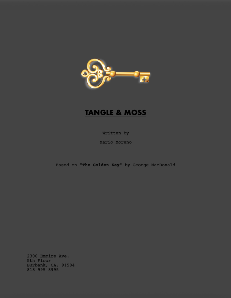 Example screenplay title page exported in dark/night mode with a dark background and light text