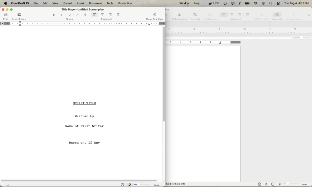 Final Draft's pre-formatted title page template with placeholder fields for title, writer name, and contact information