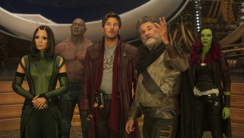 The cast of Guardians of the Galaxy Vol. 2, including Mantis, Drax, Star-Lord, Ego, and Gamora