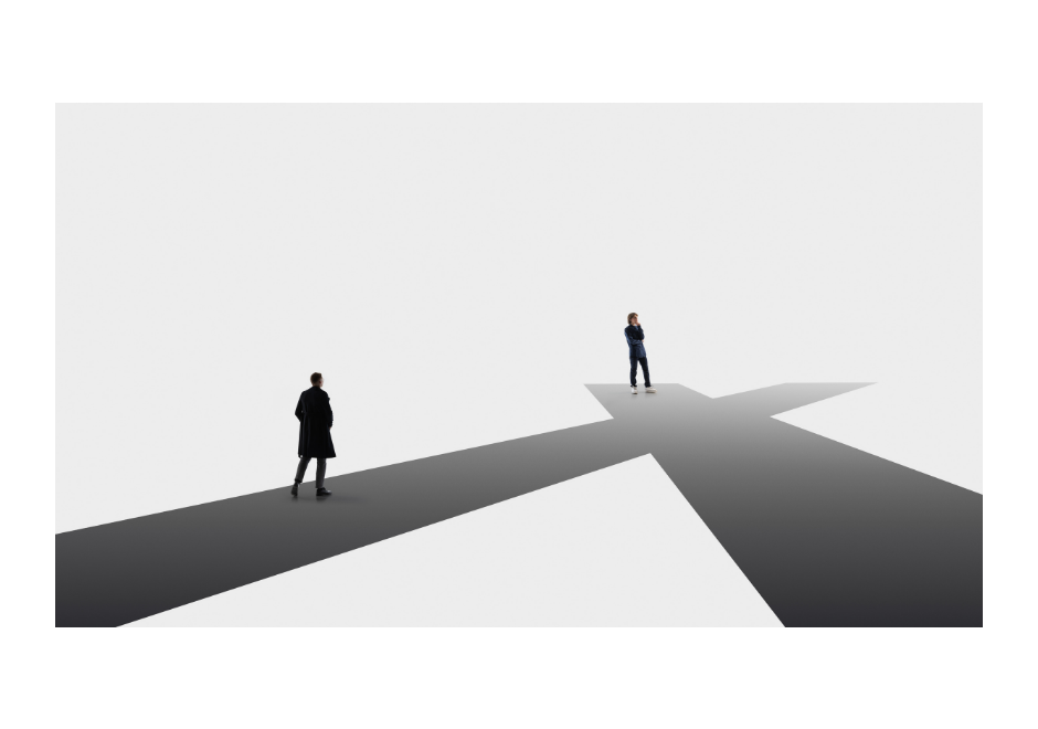 2 nondescript people standing at a crossroads 