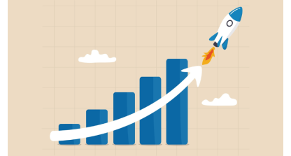 A bar graph with a rocket shooting off to the sky