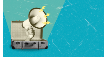 A person holding a megaphone out of an open briefcase 