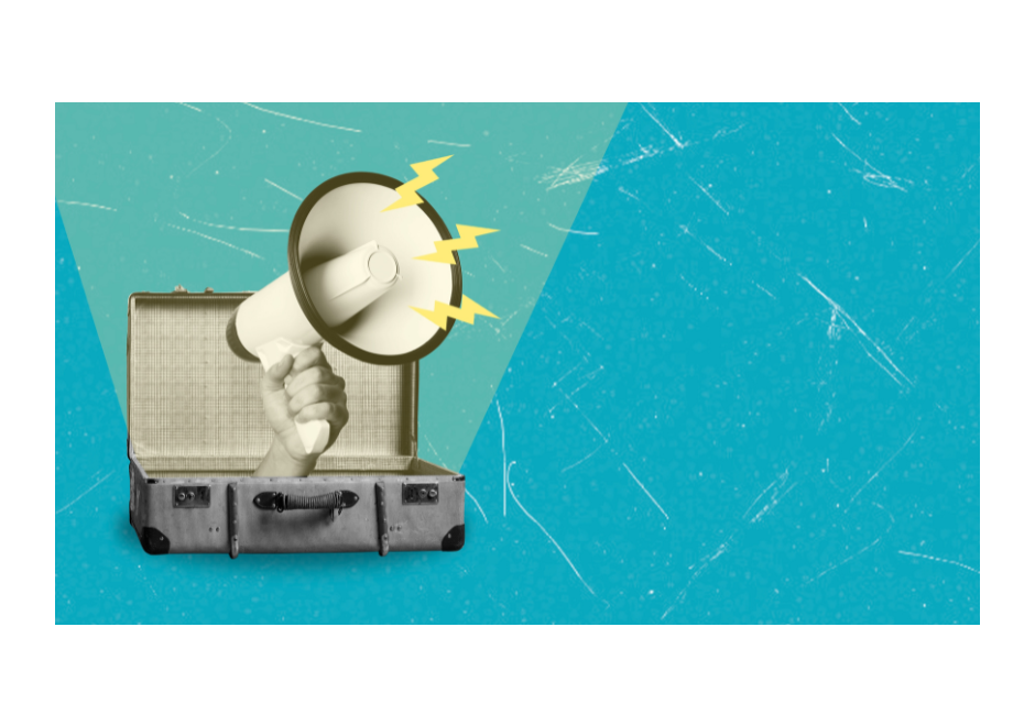 A person holding a megaphone out of an open briefcase 