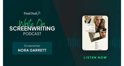Write On image featuring the poster 'After the Hunt' with sound waves in the background
