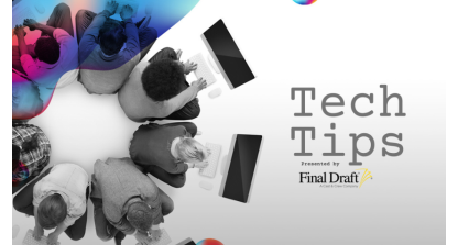 Final Draft Tech Tips - Image of young writers seated in a circle with their backs towards each other, typing on their computers