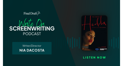 Write On image featuring the poster 'Hedda' with sound waves in the background