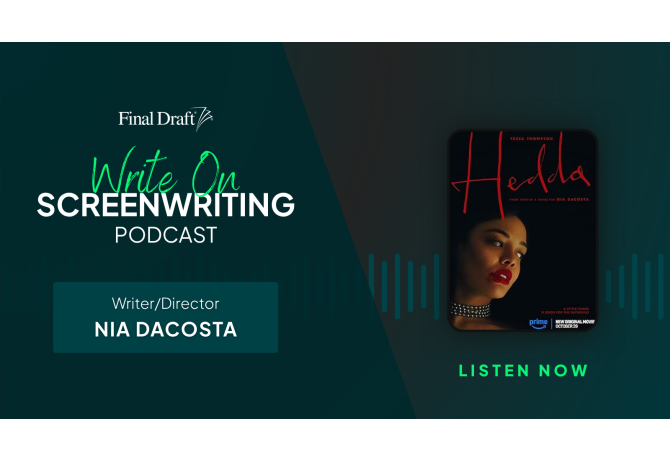 Write On image featuring the poster 'Hedda' with sound waves in the background