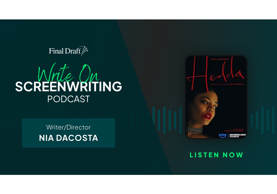 Write On image featuring the poster 'Hedda' with sound waves in the background