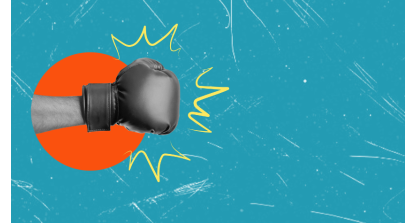 Image of an orange circle with a black and white boxing glove punching out of it