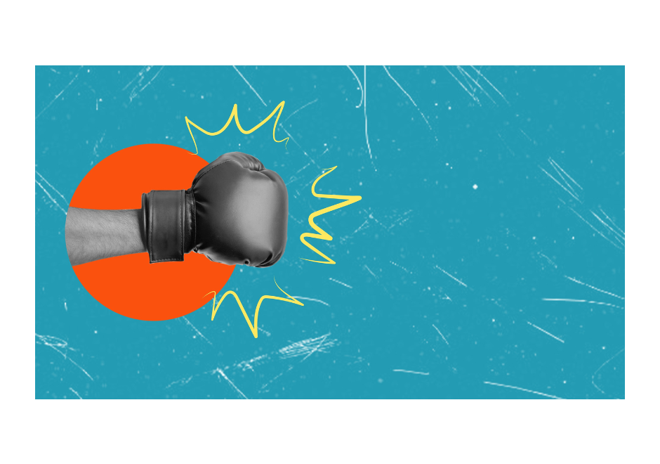 Image of an orange circle with a black and white boxing glove punching out of it