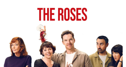 Poster of THE ROSES featuring Benedict Cumberbatch pouring wine on Olivia Colman's head. Allison Janney gives them the side-eye as Zoe Chao and Jamie Demetriou look on horrified