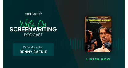 Write On image featuring the poster for 'Smashing Machine' with sound waves in the background