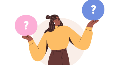 Woman holding up 2 circles containing question marks