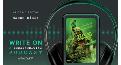 Write On logo of a mobile device with headphones around it featuring a movie poster of The Toxic Avenger