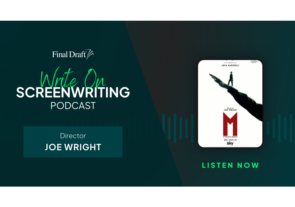 Write On image featuring the poster 'Mussolini: Son of the Century' on the screen. Sound waves display in the background