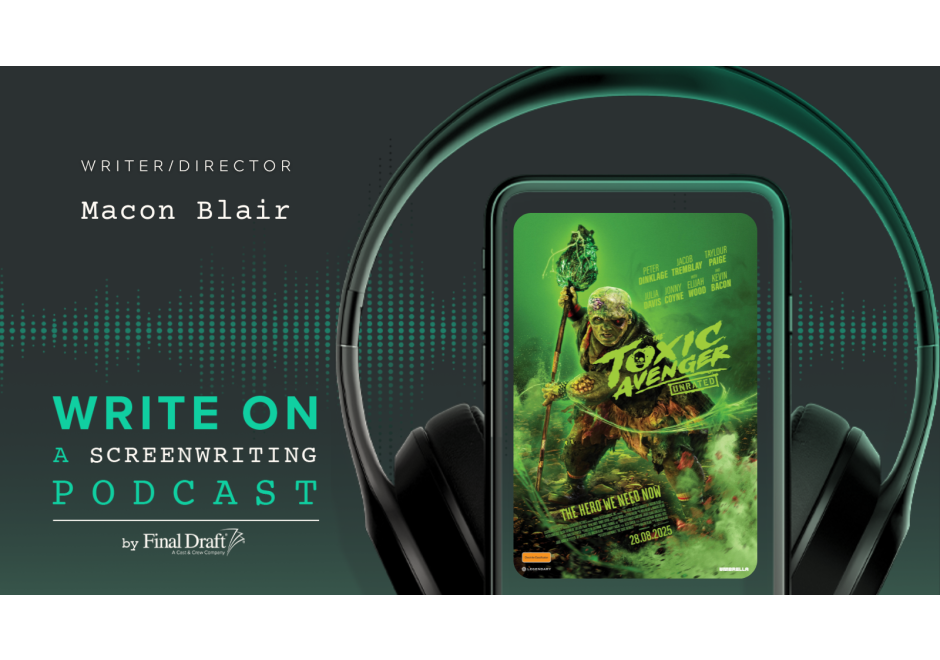 Write On logo of a mobile device with headphones around it featuring a movie poster of The Toxic Avenger