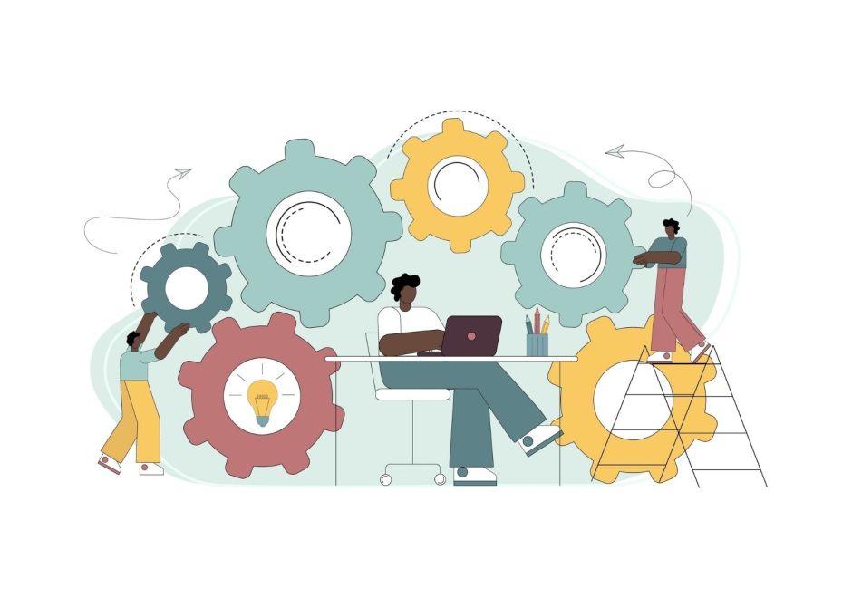 Illustration of a creative team collaborating around large interlocking gears, symbolizing storytelling structure, screenwriting techniques, and the mechanics of crafting effective callbacks in scripts.