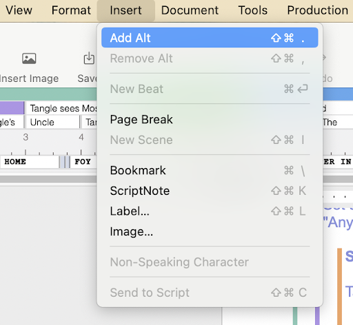 Final Draft toolbar with 'Insert' selected and the option to 'Add Alt' highlighted