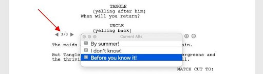 2 gray arrows next to the dialogue that allows a writer to switch between alternate dialogue options