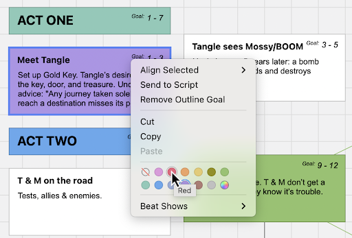Image of a pop-up menu on the Final Draft Beat Board with the cursor arrow highlighting the color 'red'.