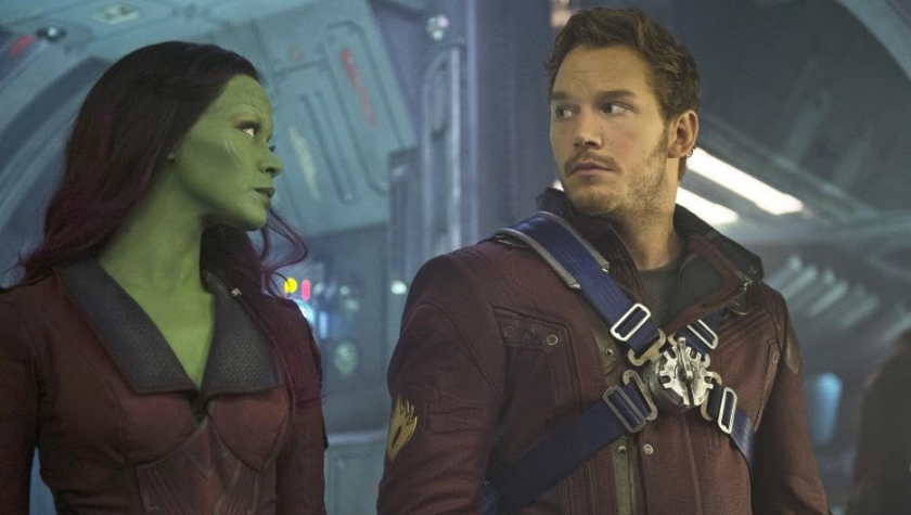 Chris Pratt and Zoe Saldaña stare at each other in spaceship in 'Guardians of the Galaxy'