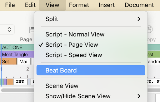 Image of the 'view' menu in Final Draft with 'beat board' highlighted