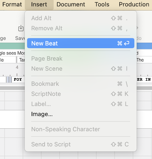 Image of the Final Draft 'Insert' dropdown menu with 'New Beat' highlighted.