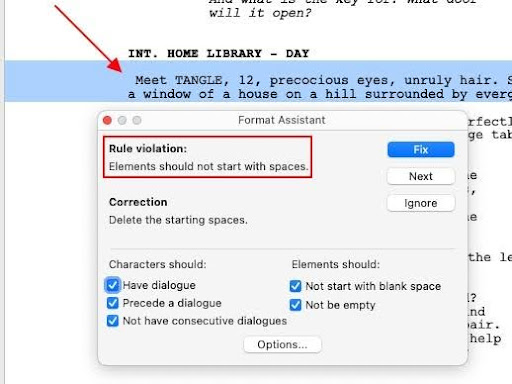 Image of a script with a red arrow pointing to the action highlighted. The Format Assistant box shows a rule violation