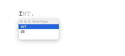 Image of the SmartType pop-up with INT highlighted