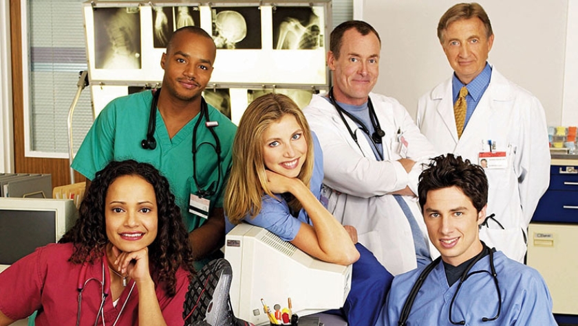 Judy Reyes, Donald Faison, Sarah Chalke, John C. McGinley, Zach Braff, and Ken Jenkins in 'Scrubs'