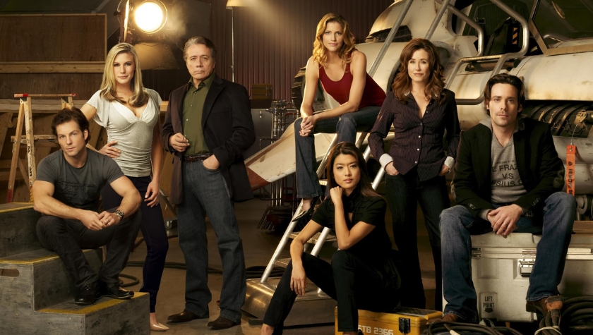 Mary McDonnell, Edward James Olmos, Jamie Bamber, James Callis, Grace Park, Katee Sackhoff, and Tricia Helfer in 'Battlestar Galactica'