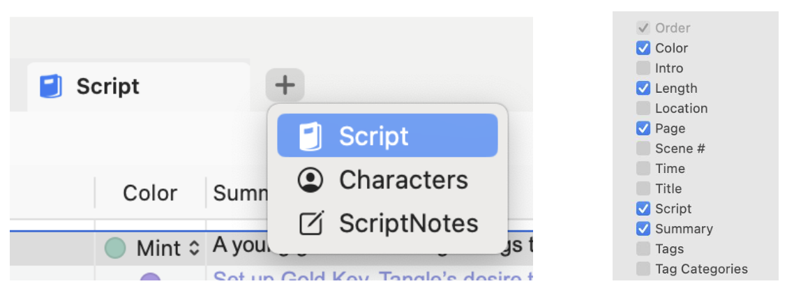 Pop-up below the '+' symbol next to the 'Script' tab. The pop-up lists the options of 'Script' 'Characters' and 'ScriptNotes'