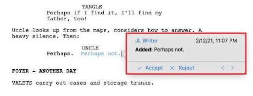 Pop-up allowing a writer to 'Accept' or 'Reject' a change