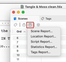 A red box situated around the 3rd icon from the left under the 'Scenes' tab. A dropdown menu features options for Scene Report, Location Report, Script Report, Statistics Report, and Tags Report
