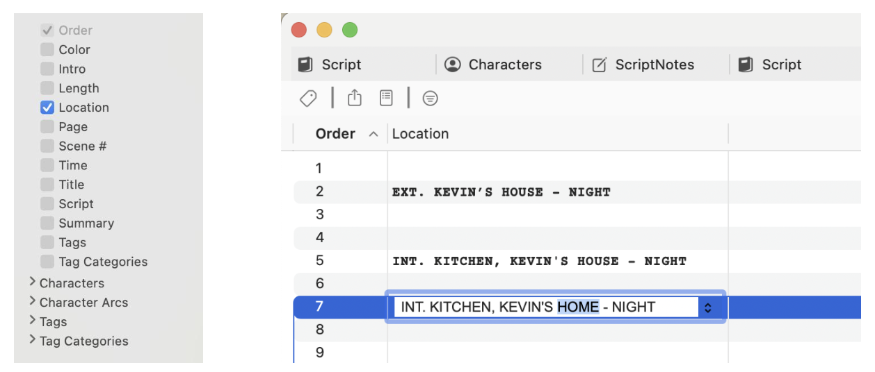 Int. Kitchen, Kevin's Home - Night highlighed in the menu