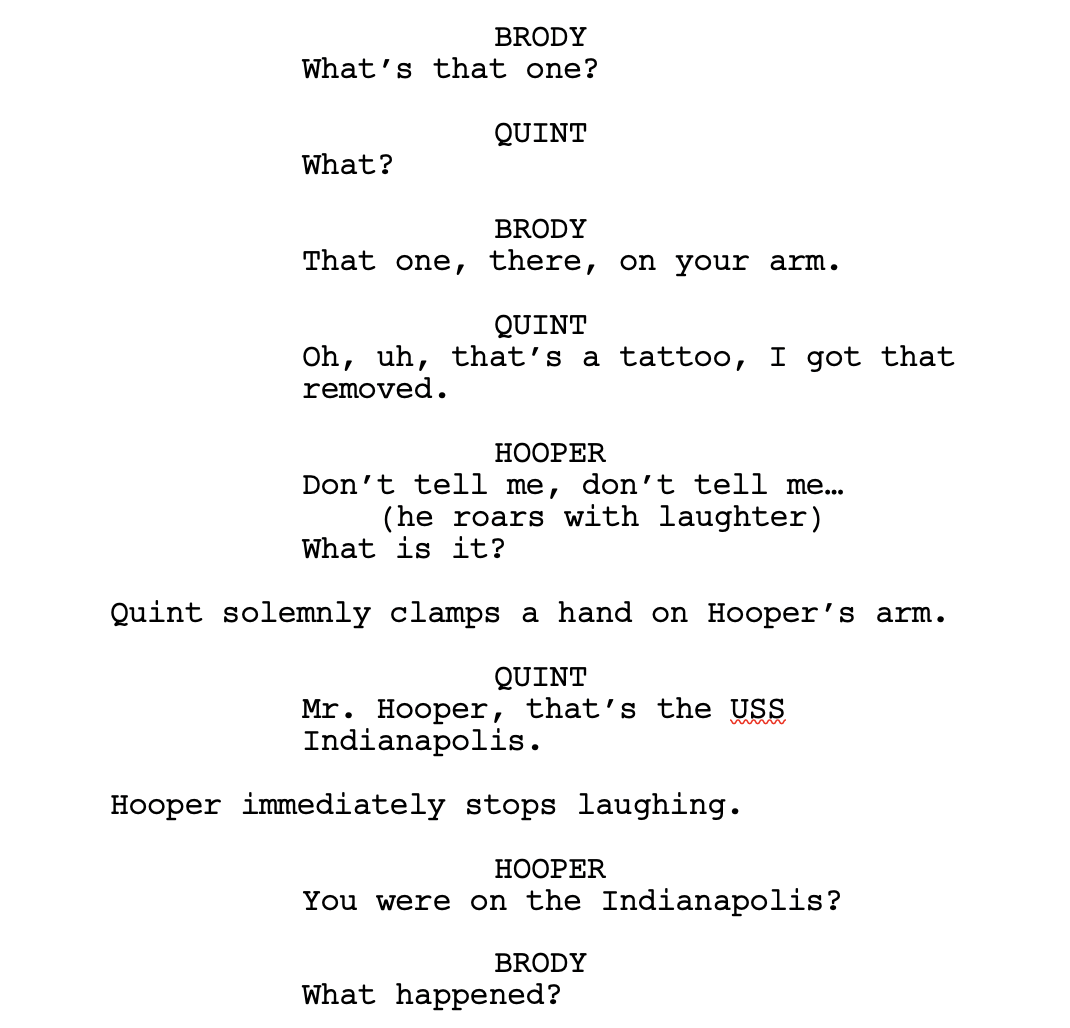 Dialogue between Hooper, Brody, and Quint in Jaws