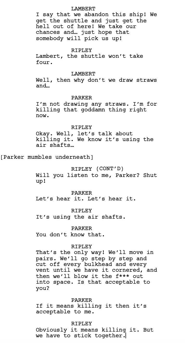 Dialogue between Lambert, Ripley, and Parker in 'Alien'