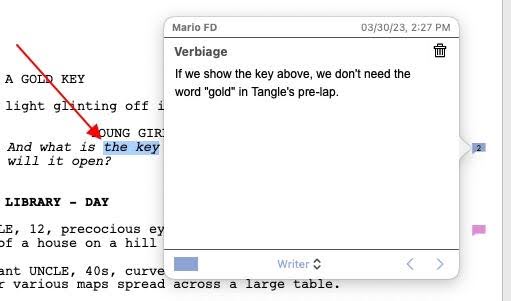 Pop-up of the information listed in the scriptnote
