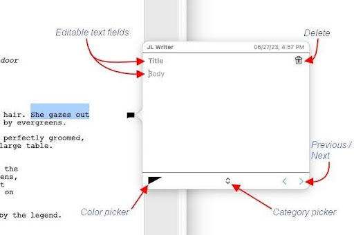 Pop-up with arrows pointing to the location where you input Title and Body on the left side, the delete marker on the right side, color picker on the bottom right corner, category picker located bottom center, and previous/next located bottom right corner