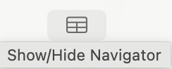 Image of the Show/Hide Navigator icon of a box with 2 horizontal lines and 1 vertical line
