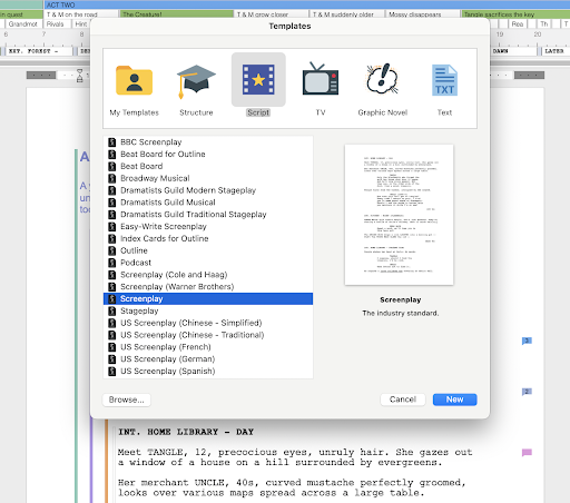 Template pop-up with Script highlighed. A list of options populate below with 'Screenplay' highlighted.