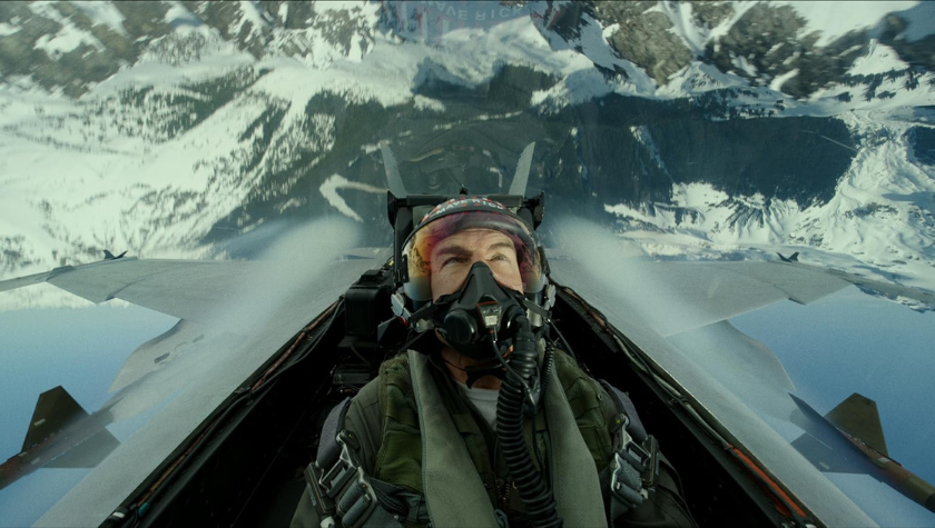 Image of Tom Cruise in the cockpit flying a jet in 'Top Gun: Maverick'