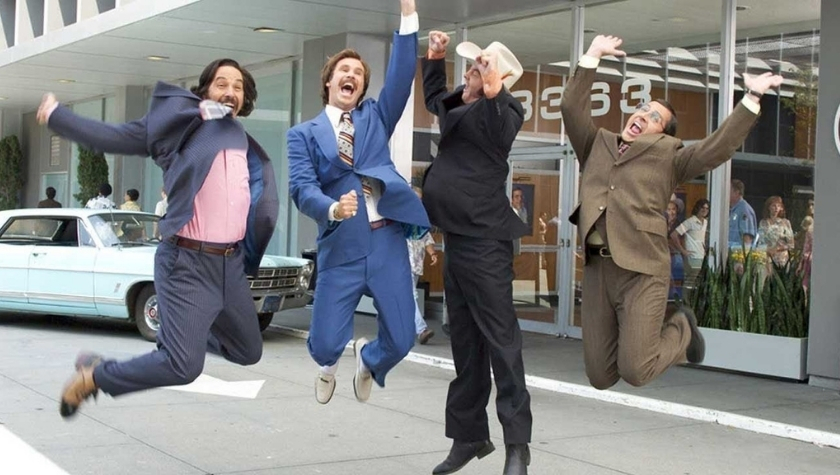 Paul Rudd, Will Ferrell, David Koechner, and Steve Carell in 'Anchorman: The Legend of Ron Burgundy'