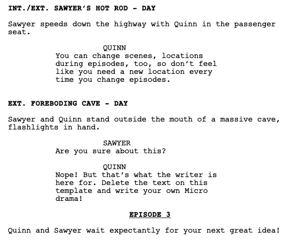 Script page showing Episode 3 beginning without a new scene heading, continuing in the same location as the prior episode